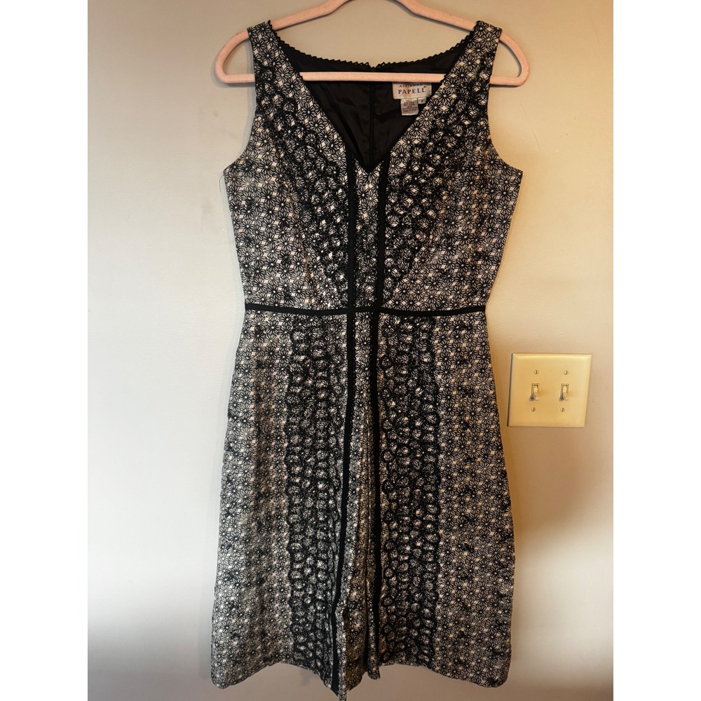 Adrianna Papell Black Lace Floral Linen Blend Sheath Dress V-Neck Size 8